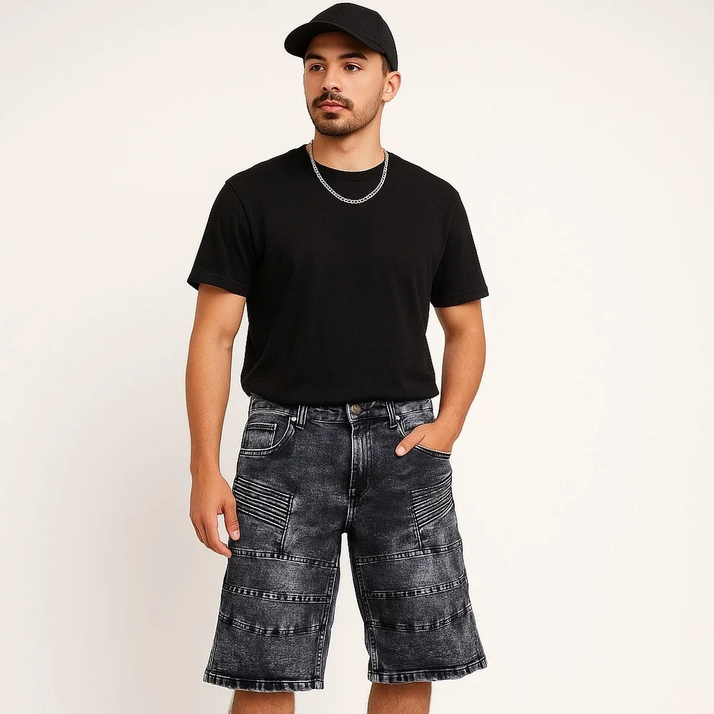 Phat Farm‎ Biker Denim Shorts Mens 30 Black Acid Wash Moto Stretch Streetwear